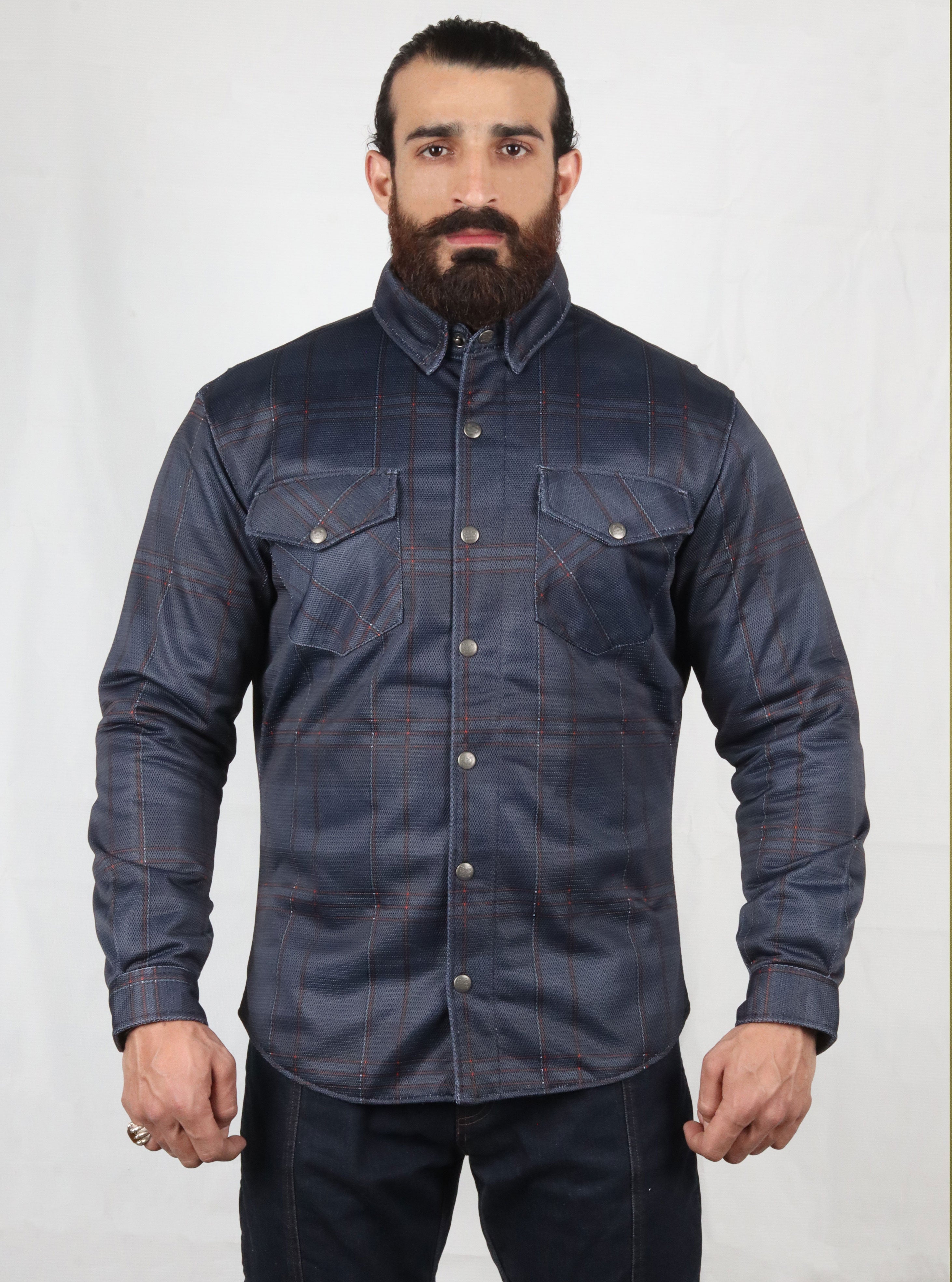 Mesh Shirt Check Dark Blue with Orange lines